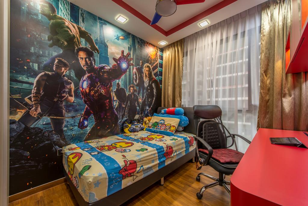 Transitional, Condo, Bedroom, Twin Waterfalls, Interior Designer, Arc Square, Wallpaper, Superheroes, Avengers, Kid, Kids Rooms, Children, Ceiling Fan With Lamp, Office Chair, Red Table, Single Bed