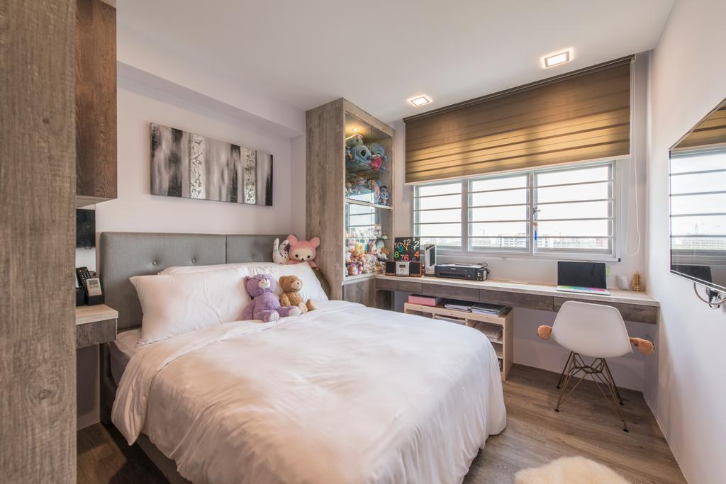 Scandinavian, HDB, Bedroom, Tampines (Block 871C), Interior Designer, Arc Square, White Bed, Blinds, Roller Blinds, Headboard, Grey Headboard, Chair, Wall Ledge, Floating Table, Study Area, Work Area, Display Cabinet, Toys, Collection, Painting