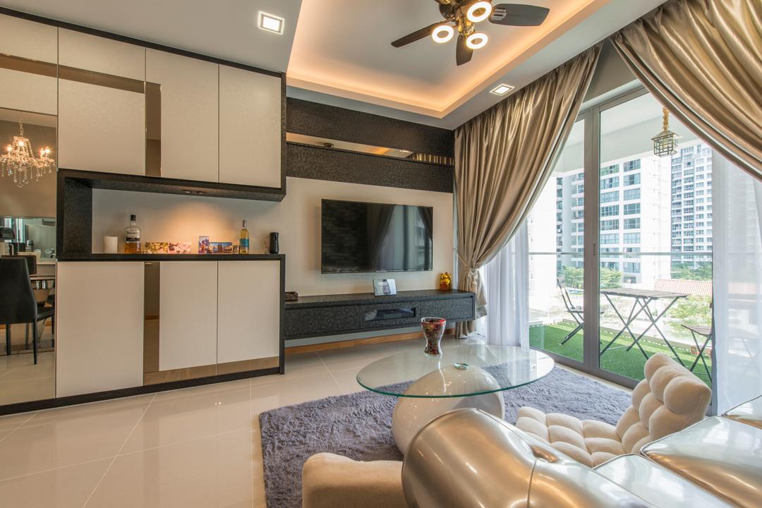 Treasure Trove, Arc Square, Modern, Living Room, Condo, Round Coffee Table, Glass Table, Sofa, Glossy Sofa, White Sofa, Lounge Chair, Carpet, Grey Carpet, Ceiling Fan With Lighting, False Ceiling, Cove Lighting, Floating Console, Tv Console, Lame Curtains, Glossy Curtains, Cabinetry, White Cabinet