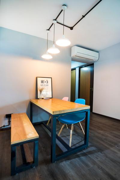 Edgefield Plains (Block 670B), Cozy Ideas, Scandinavian, Dining Room, HDB, Dining Table, Wooden Bench, Bench, Photo Frame, Pendant Lamp, Hanging Lamp, Aircon, Chair, Furniture, Indoors, Room, Table, Interior Design
