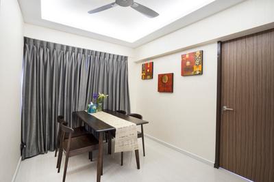 Bedok North Avenue 2, Cozy Ideas, Contemporary, Dining Room, HDB, False Ceiling, Mini Ceiling Fan, Cove Lighting, Dining Table, Table Runner, Dining Chairs, Grey Curtain, Door, Painting, Wall Decor, Wall Art, Furniture, Table, Chair, Architecture, Building, Skylight, Window