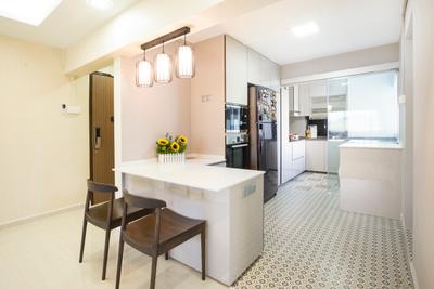 Bedok North Avenue 2, Cozy Ideas, Contemporary, Kitchen, HDB, Pendant Lamp, White Countertop, Dining Chair, Patterned Tiles, Chair, Kitchen Countertop, Floor Tiles, Kitchen Tiles, Hanging Lamp, Dining Table, Furniture, Table, Flooring, Indoors, Room