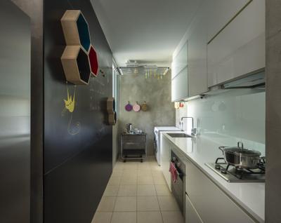 Canberra Residence, Prozfile Design, Eclectic, Kitchen, Condo, Chalkboard Wall, Tiles, Tile, Cement Wall, Kitchen Countertop, White Kitchen Cabinets, White, Shelf, Shelves, Geometric, Black