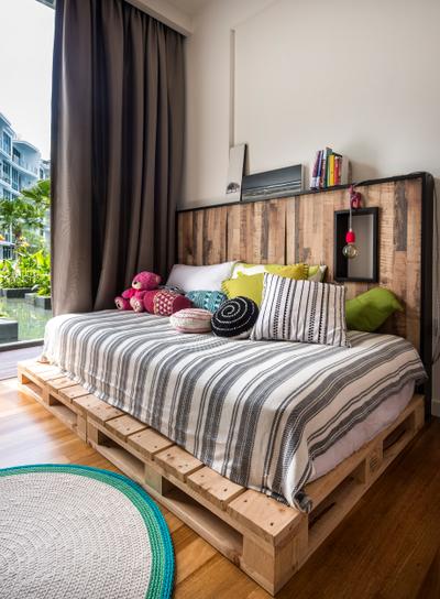 Canberra Residence, Prozfile Design, Eclectic, Bedroom, Condo, Painting, Platform, Parquet, Wood, Curtains, High Headboard, Rug, Woodwork, Laminates, White, Wood Laminate, Platform Bed, Flora, Jar, Plant, Potted Plant, Pottery, Vase