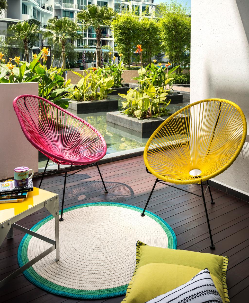 Eclectic, Condo, Balcony, Canberra Residence, Interior Designer, Prozfile Design, Rug, Chair, Deck Flooring, Cushions, Plank Flooring, Side Table, White, Outdoor, Colourful, Yellow, Pink, Furniture, Flora, Jar, Plant, Potted Plant, Pottery, Vase
