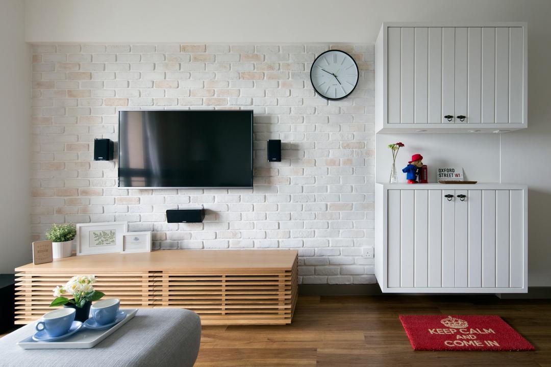 Skyville @ Dawson, The Scientist, Scandinavian, Living Room, HDB, Brick Wall, Wall Mount Speakers, Wall Mount, Floating Speakers, Suspended Cabinet, Floating Cabinet, Doormat, Wood Flooring, Small Space, Fireplace, Hearth
