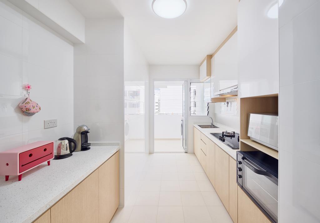 Scandinavian, HDB, Kitchen, Sumang Walk (Block 256C), Interior Designer, Absolook Interior Design, White And Wood, Soft Wood Tones, Light Wood, Kitchen Countertop, White Sink Countertop, Solid Surface, Service Yard, Monochrome, Indoors, Interior Design, Appliance, Electrical Device, Oven