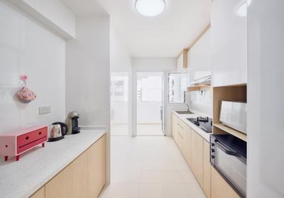 Sumang Walk (Block 256C), Absolook Interior Design, Scandinavian, Kitchen, HDB, White And Wood, Soft Wood Tones, Light Wood, Kitchen Countertop, White Sink Countertop, Solid Surface, Service Yard, Monochrome, Indoors, Interior Design, Appliance, Electrical Device, Oven