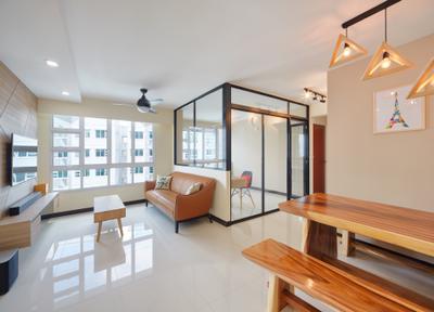 Sumang Walk (Block 256C), Absolook Interior Design, Scandinavian, Living Room, HDB, Tiles, Brown Leather Sofa, Leather Brown, Wood Accents, Woody, Bright And Airy, Black Framed Partition, Partition, Glass Wall, Half Hack, Brown Coffee Table, Light Fixture