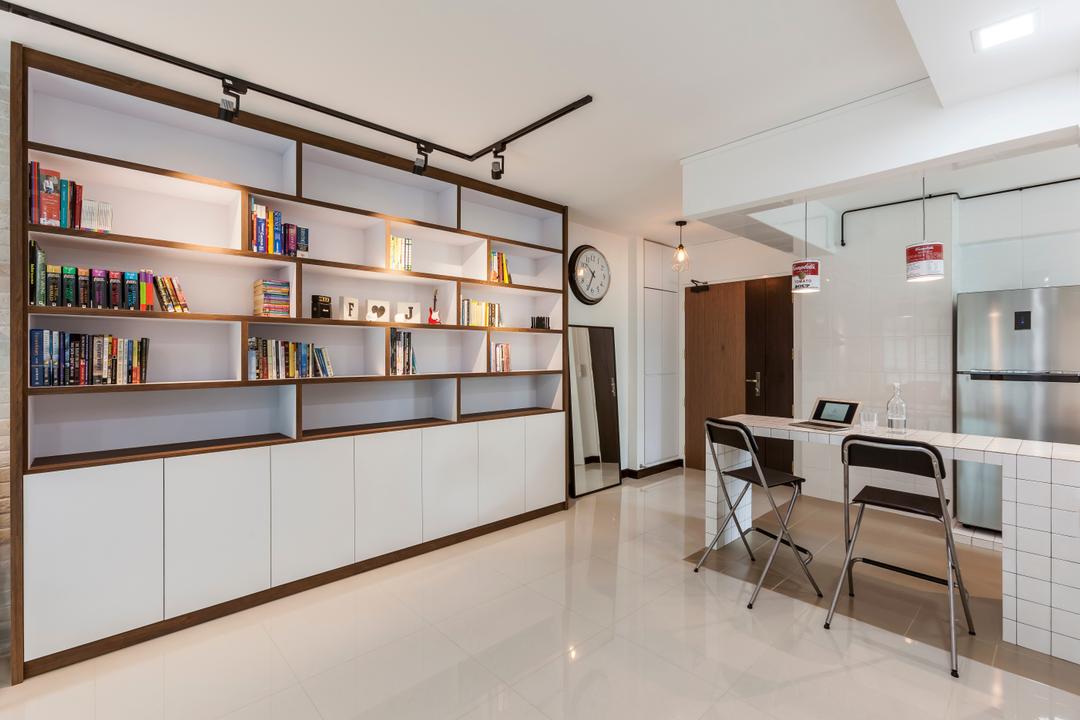 Compassvale Ancilla (Block 282A), Absolook Interior Design, Scandinavian, Dining Room, HDB, Bookcase, Hallway, Tiles, Spacious, Full Length Bookcase, Display, Storage, Organisation, Cubbyhole, Black Track Lights, Chair, Furniture, Indoors, Interior Design
