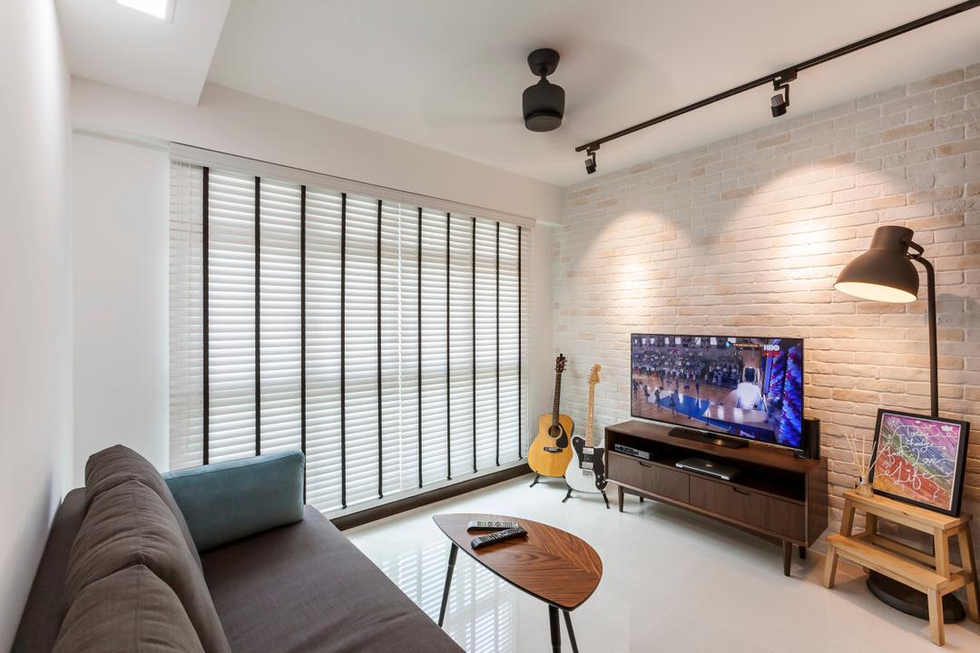 Compassvale Ancilla (Block 282A), Absolook Interior Design, Scandinavian, Living Room, HDB, Brick Wall, Venetian Blinds, Floor Lamp, Standing Lamp, Coffee Table, Fabric Sofa, Bright, Airy, Tv Console, Pencil Legs, Dark Wood, Trackies, Tracklights, Couch, Furniture, Light Fixture