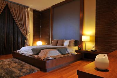Taman Sutera, Boonsiew D'sign, Traditional, Bedroom, Landed, Master Bedroom, Lamp, Side Table, Nightstand, Rug, Parquet, High Headboard, Grey, Venetian Blinds, Curtains, Platform, Wooden Flooring, Platform Bed, Couch, Furniture, Bed, Indoors, Interior Design, Room