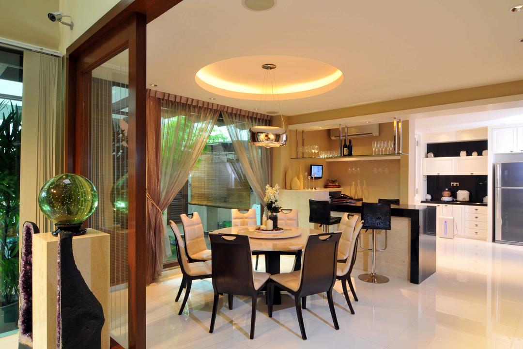 Taman Sutera, Boonsiew D'sign, Traditional, Dining Room, Landed, Dining Table, Table, Chair, Barstools, Bar Counter, Concealed Lighting, False Ceiling, Pendant Light, Lighting, Hanging Light, Curtains, Full Length Windows, Marble Flooring, Beige, Furniture, Indoors, Interior Design, Room, Restaurant, Trophy