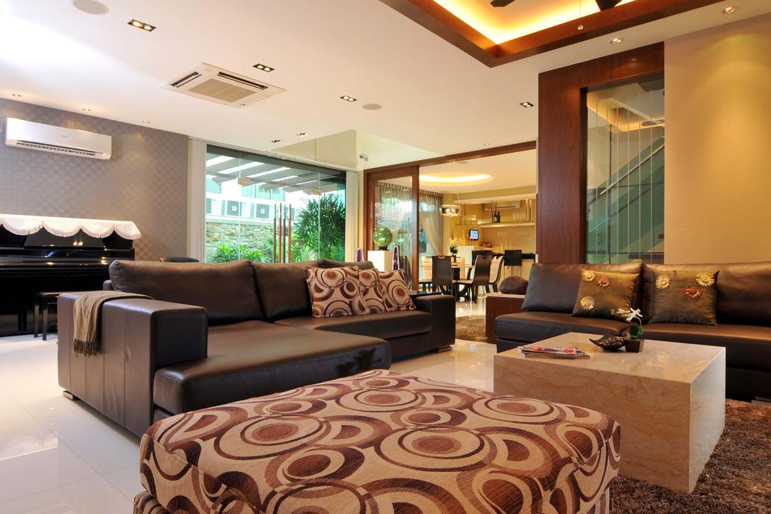 Taman Sutera, Boonsiew D'sign, Traditional, Living Room, Landed, Brown Coffee Table, Sofa, Rug, Marble Surface, Piano, White, Glass Wall, Footstool, Foot Rest, Wood Laminate, Wood, Laminates, Glass Door, Couch, Furniture