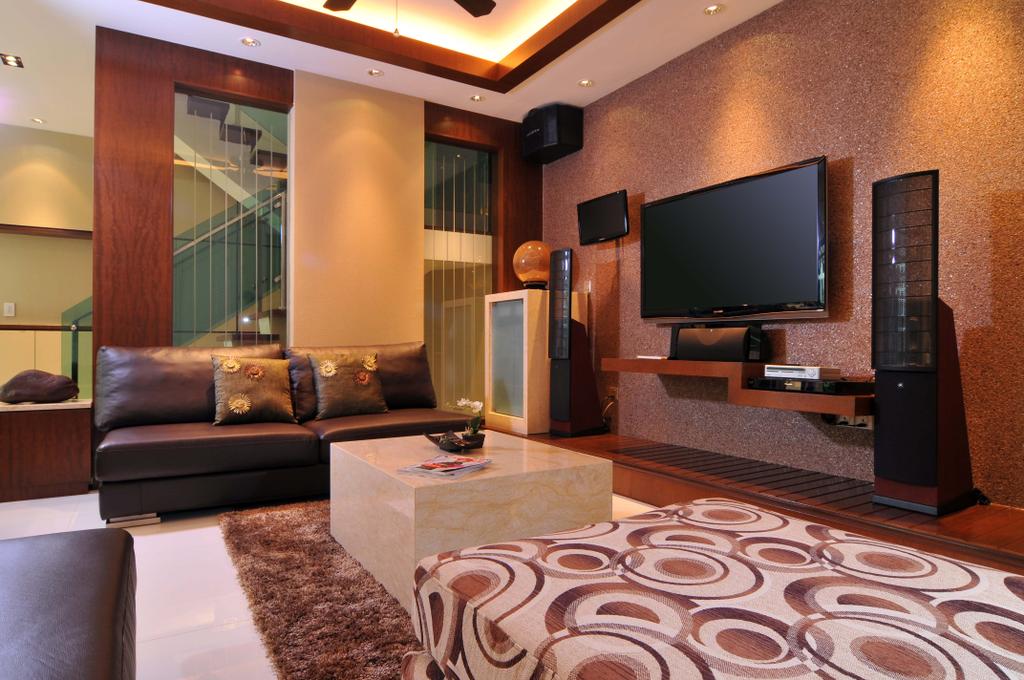 Traditional, Landed, Living Room, Taman Sutera, Interior Designer, Boonsiew D'sign, Rug, Brown Coffee Table, Marble Surface, Sofa, Tv Console, Wood Laminate, Wood, Laminates, Speakers, Mounted Speaker, Glass Wall, Couch, Furniture, Electronics, Lcd Screen, Monitor, Screen, Tv, Television