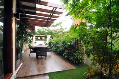 Taman Sutera, Boonsiew D'sign, Traditional, Garden, Landed, Outdoor, Veranda, Plank Flooring, Parquet, Plants, Awning, Chair, Flora, Jar, Plant, Potted Plant, Pottery, Vase, Balcony, Arecaceae, Palm Tree, Tree