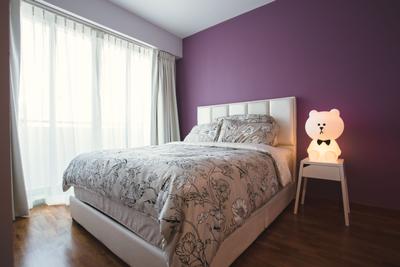 Waterway Woodcress, Aart Boxx Interior, Industrial, Bedroom, HDB, Purple Wall, Bedside Lamp, Bedside Table, High Headboard, Curtains, Simple, Bed, Furniture, Chair, Indoors, Interior Design, Room