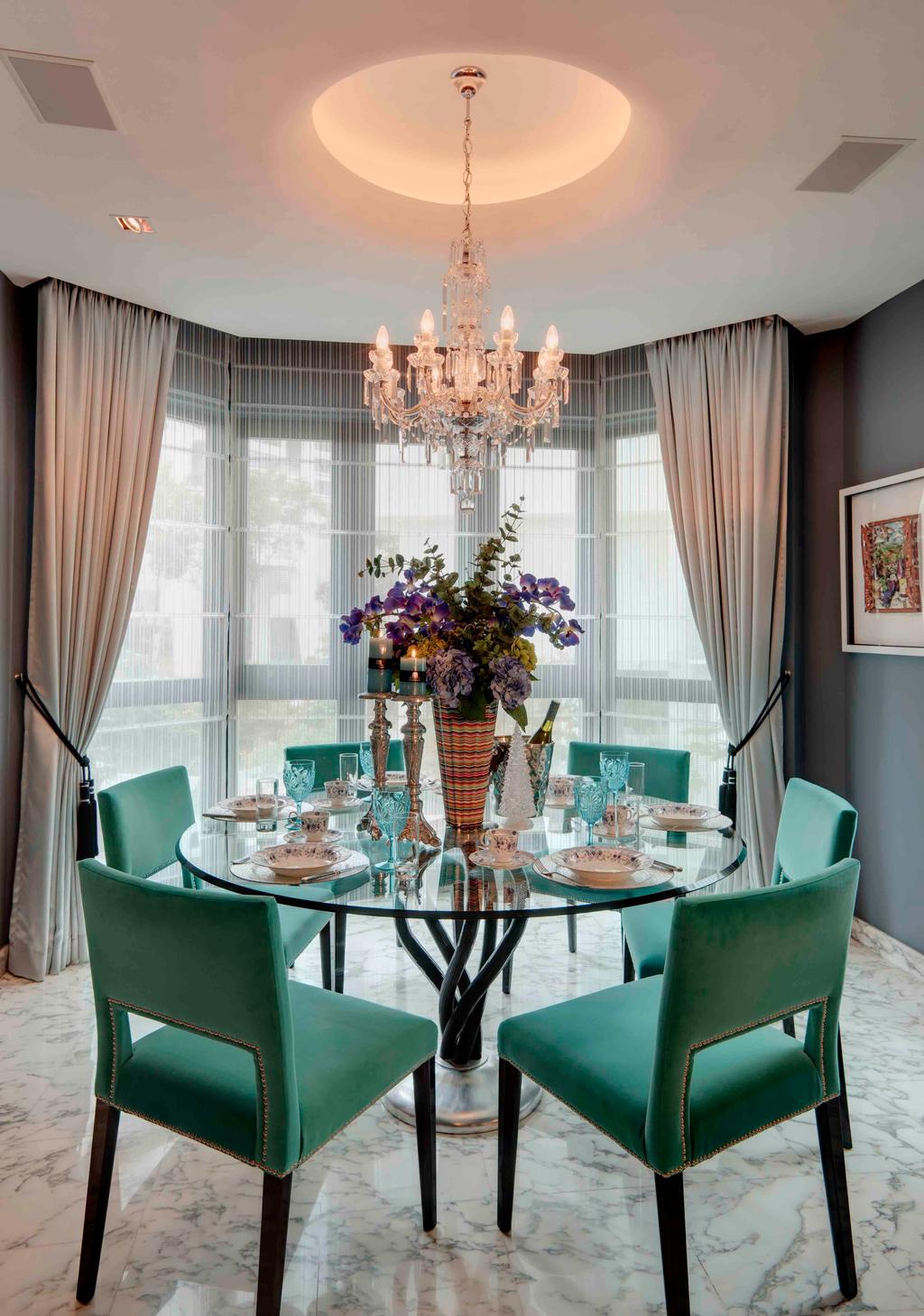 Modern, Condo, Dining Room, D'Grove, Interior Designer, ANSANA, Chandelier, Pendant Light, Green Chairs, Chairs, Glass Table Top, Round Tables