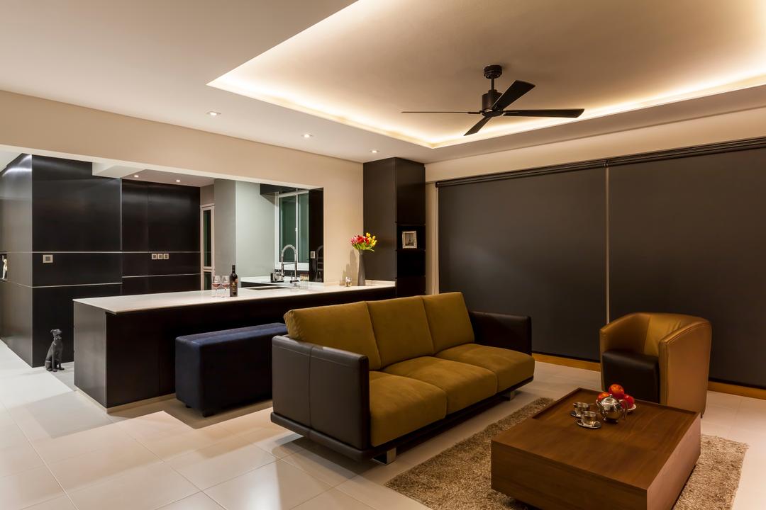 Punggol Field (Block 268D), Rhiss Interior, Contemporary, Living Room, HDB, White Tiles, , Ceiling Fan, Down Lights, Brown Coffee Table, Dining Bench, Couch, Furniture