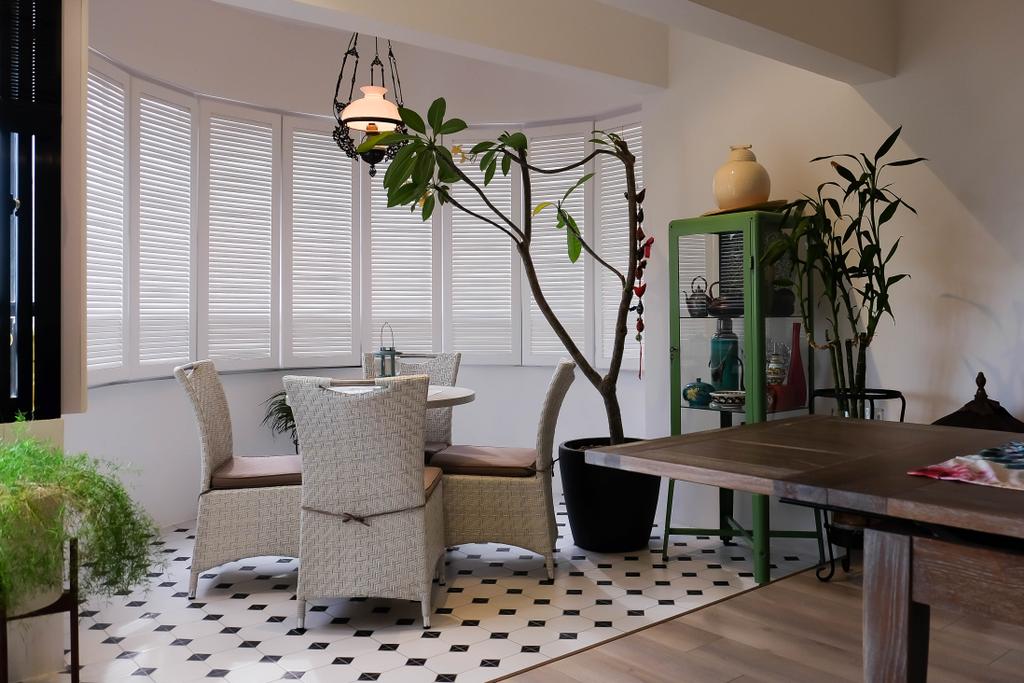 Eclectic, Condo, Balcony, Neptune Court, Interior Designer, Fifth Avenue Interior, Upholstery, Upholstered Chairs, Pendant Light, Shutter Windows, Colonial Style, Dining Room, Indoors, Interior Design, Room, Flora, Jar, Plant, Potted Plant, Pottery, Vase, Desk, Furniture, Table