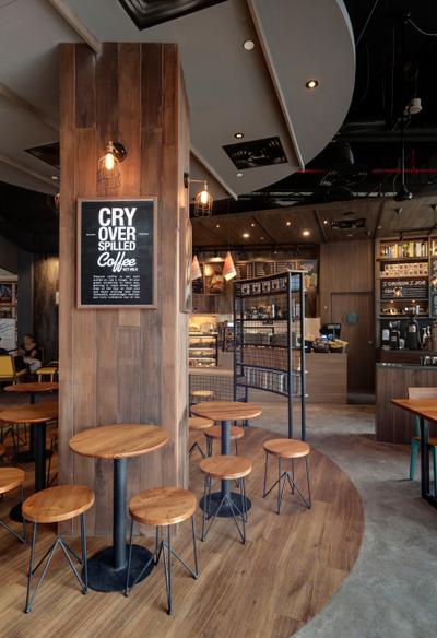 Joe & Dough (Kallang Leisure Park), Liid Studio, Scandinavian, Commercial, Shop Interior, Brown Coffee Table, Round Table, Stool, Wood, Laminates, Wall Lamp, Cafe, Restaurant, Chair, Furniture, Dining Table, Table, Lighting, Couch, Bench, Bar Counter, Pub