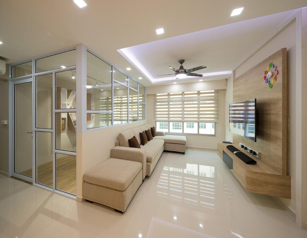 Contemporary, HDB, Living Room, Sunshine Gardens, Interior Designer, Absolook Interior Design, Scandinavian, White Partiton, Half Hack, Glass Wall, Reflective, Monochrome, Floor Tiles, Beige, Nude, Taupe, Neutral Colours, Recessed Lights, Covelights, Ceiling Fan, Ottoman, Sectionals, Indoors, Interior Design