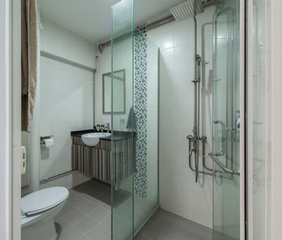 Gangsa Road (Block 101), VNA Design, Contemporary, Bathroom, HDB, Toilet Cabinet, Shower Glass Panel, Ceramic Tiles, White Sink Countertop, Indoors, Interior Design, Room