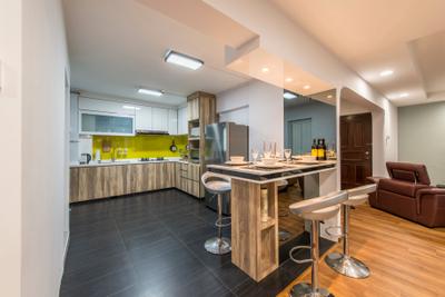 Gangsa Road (Block 101), VNA Design, , Dining Room, , Island Table, Open Kitchen, Dry Kitchen, Black Tiles, Wood Cabinet, Yellow Laminate Wall Backing, Downlights, Parquet, Wooden Floor, Black Ceramic Tiles, Kitchen Countertop, Couch, Furniture