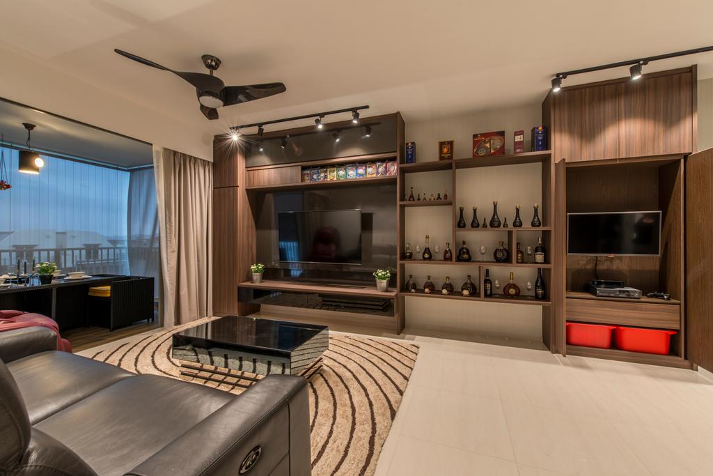 Contemporary, Condo, Living Room, Ripple Bay, Interior Designer, VNA Design, Black Spin Fan, Black Track Lights, Rug, Balcony, Wood Feature All, Wood Tv Console, Marble Tiles, Sling Curtain, Wall Mounted Television, Television Console, Couch, Furniture, HDB, Building, Housing, Indoors