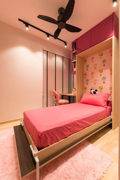 Ripple Bay, VNA Design, Contemporary, Bedroom, Condo, Black Spin Fan, Pink Bed, Venetian Blinds, Wood Floor, Indoors, Interior Design, Room, Molding