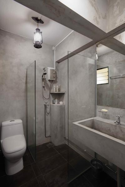 Bedok North, The Design Practice, , Bathroom, , Tiles, Shower, Wash Basin, Hanging Light, Monochrome, Cubicle, Grey, Cement, Indoors, Interior Design, Room, Siding
