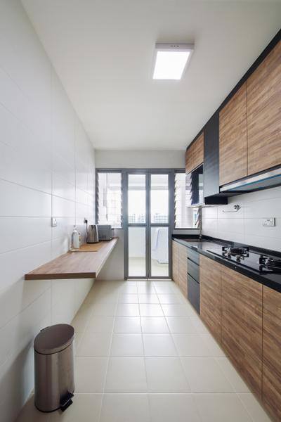 Upper Serangoon Crescent, Dap Atelier, Scandinavian, Industrial, Kitchen, HDB, Ceramic Square Tile, Wall Mounted Table, Wall Mounted Lights, Glass Panels, Wooden Kitchen Cupboard With Marble Top, Wall Mounted Wooden Kitchen Cupboard, Wall Mounted Wooden Ledge, Indoors, Interior Design, Sink