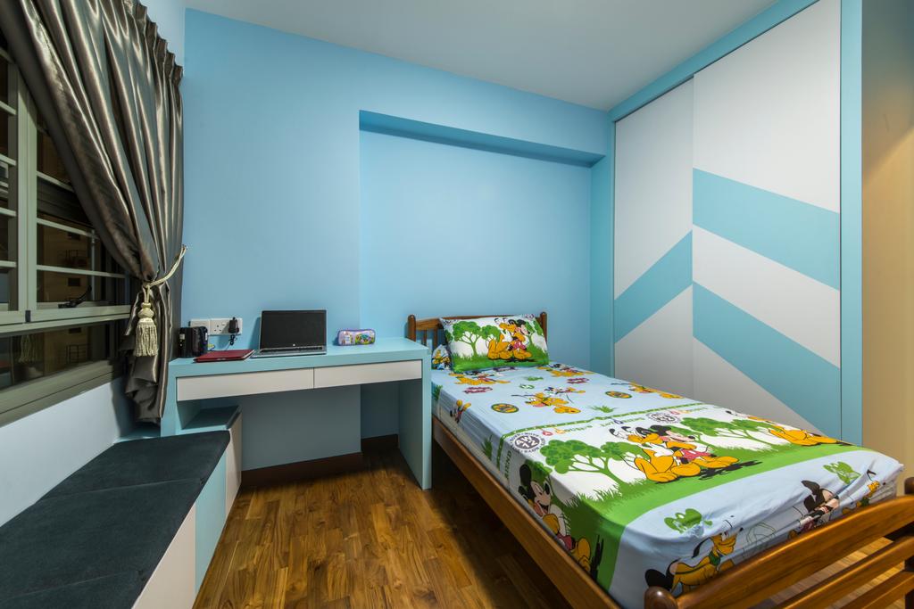 Contemporary, HDB, Bedroom, Punggol Drive (Block 677C), Interior Designer, ProjectGuru, Kids Room, Children Room, Parquet, Blue Wall, Sling Curtain