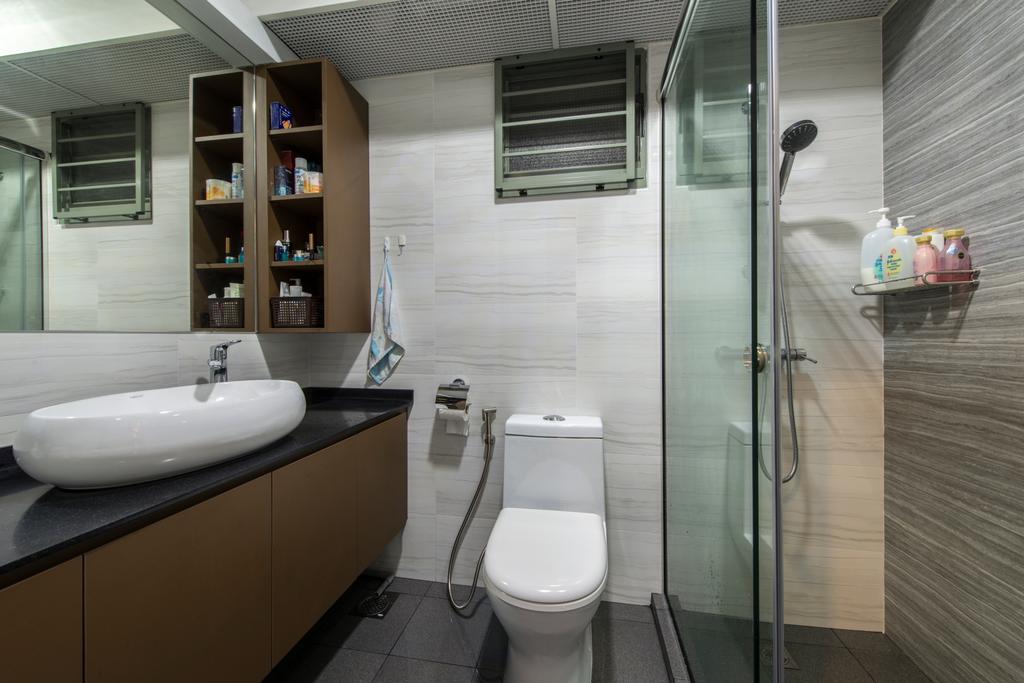 Contemporary, HDB, Bathroom, Punggol Drive (Block 677C), Interior Designer, ProjectGuru, Wood Cabinet, Shower Screen, Toilet, Indoors, Interior Design, Room, Bottle