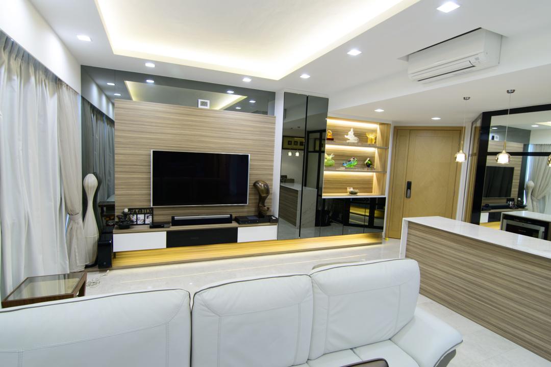 60 Mei Hwan Drive, ID Gallery Interior, Modern, Living Room, Condo, Wall Mounted Television, Floating Console, Recessed Lights, White Marble Floor, Wooden Panels, Spacious, Cosy, Hanging Lights, Built In Shelves, Sofa, Hidden Interior Lights, Sling Curtain, Indoors, Interior Design