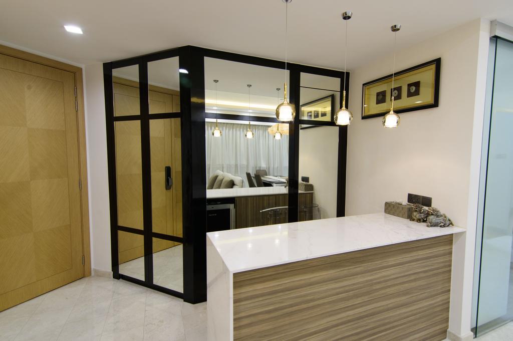 Modern, Condo, Living Room, 60 Mei Hwan Drive, Interior Designer, ID Gallery Interior, Mirror Panel, Hanging Lights, Recessed Lights, Marble Table, Rectangular, White Marble Floor, Pendant Lights, Floor Mounted Wooden Table With Marble Top