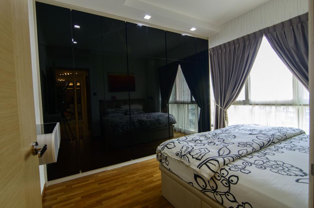 Modern, Condo, Bedroom, 60 Mei Hwan Drive, Interior Designer, ID Gallery Interior, Curtains, Wooden Floor, King Size Bed, Glass Window Panels, Black Marble Wall, Spacious, Cosy, Recessed Lights, Sling Curtain
