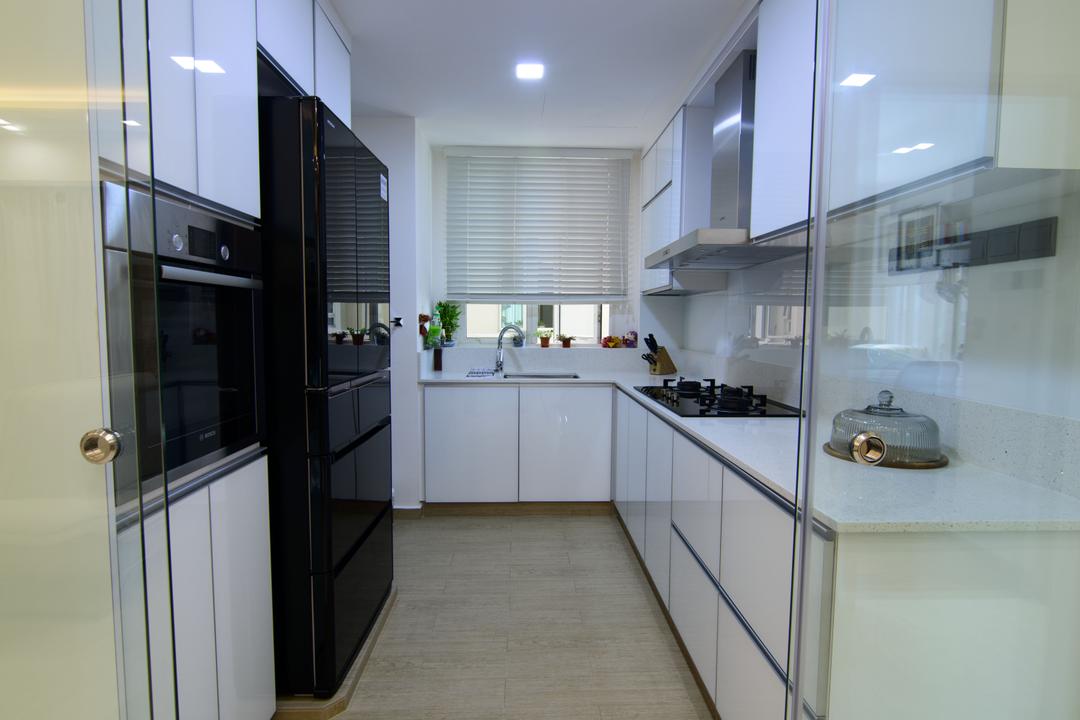 60 Mei Hwan Drive, ID Gallery Interior, Modern, Kitchen, Condo, Ceramic Floor, Recessed Lights, Marble Kitchen Cupboards, Roll Up Down Curtains, Refrigerator, Built In Oven, Indoors, Interior Design, Room, Appliance, Electrical Device, Oven