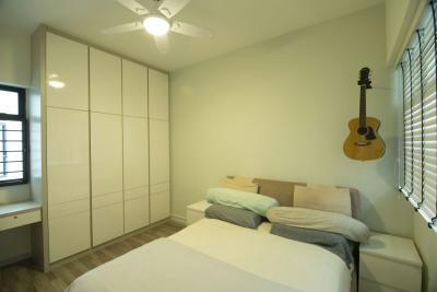 Boon Lay (Block 180C), ID Gallery Interior, Scandinavian, Bedroom, HDB, King Size Bed, Ceiling Fan With Light, Marble Cupboard, Window Panel, Marble Wardrobe, Cozy, Roll Up Down Curtains, Bed, Furniture, Indoors, Interior Design, Room