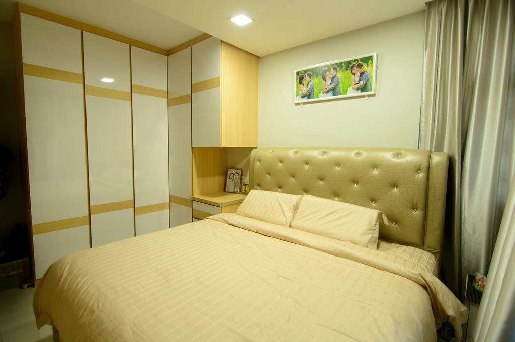 Modern, HDB, Bedroom, Fernvale Link, Interior Designer, ID Gallery Interior, King Size Bed, Cushioned Panels, Marble Cupboard, Built In Shelf, Recessed Lights, Cosy, Sling Curtain, Picture Frame, Cozy, Comfortable, Art, Painting
