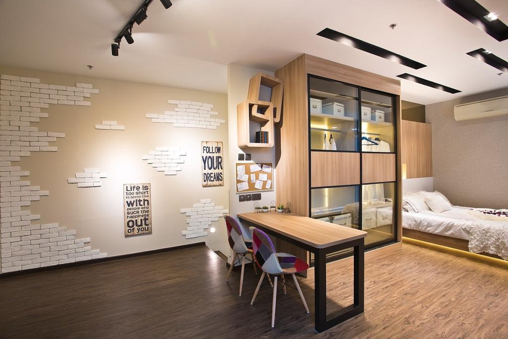 ID Gallery Showroom, Commercial, Interior Designer, ID Gallery Interior, Modern, Bedroom, Wooden Floor, Bed, Air Conditioning, Black Track Lights, Wooden Cupboard, Panels, Ceramic Walls, Patterns, Dining Room, Indoors, Interior Design, Room, Dining Table, Furniture, Table