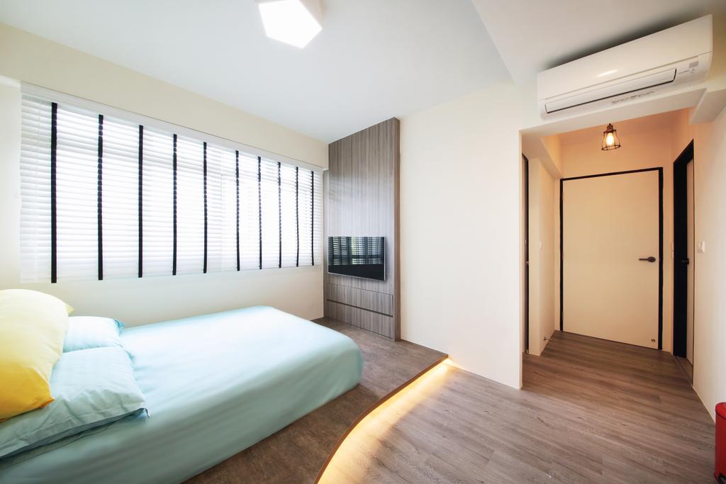 Scandinavian, HDB, Bedroom, Ping Yi Greens, Interior Designer, Dap Atelier, Bed, Wooden Floor, Air Conditioning, Wall Mounted Television, Wooden Wall, Hanging Lights, Roll Up Curtains, Spacious, Furniture, Building, Housing, Indoors, Loft, Flooring