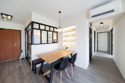 Ping Yi Greens, Dap Atelier, Scandinavian, Dining Room, HDB, Wood Dining Table, Dining Chair, Air Conditioning, Wooden Floor, Glass Window, Hanging Light, Built In Shelves, Wood Door, Pendant Lights, Dining Table, Furniture, Table, Chair, Indoors, Interior Design, Room, Flooring