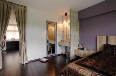 Clarence Lane, The Design Practice, Eclectic, Bedroom, HDB, Curtains, Wooden Flooring, Partition, Wash Basin, Vanity Cabinet, Indoors, Interior Design, Room, Building, Housing, Loft