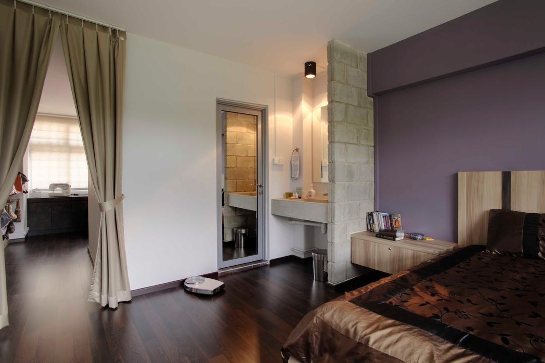 Clarence Lane, The Design Practice, Eclectic, Bedroom, HDB, Curtains, Wooden Flooring, Partition, Wash Basin, Vanity Cabinet, Indoors, Interior Design, Room, Building, Housing, Loft