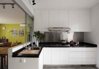 Clarence Lane, The Design Practice, Eclectic, Kitchen, HDB, White, Counter, Monochrome, Wet Kitchen, Flora, Jar, Plant, Potted Plant, Pottery, Vase, Dining Table, Furniture, Table, Indoors, Interior Design, Room
