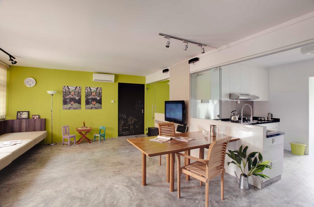 Eclectic, HDB, Dining Room, Clarence Lane, Interior Designer, The Design Practice, Spotlight, Cement Flooring, Kitchen Countertop, Space, Tables, Chairs, Hanging Light, Industrial, Dining Table, Furniture, Table, Indoors, Room, Interior Design