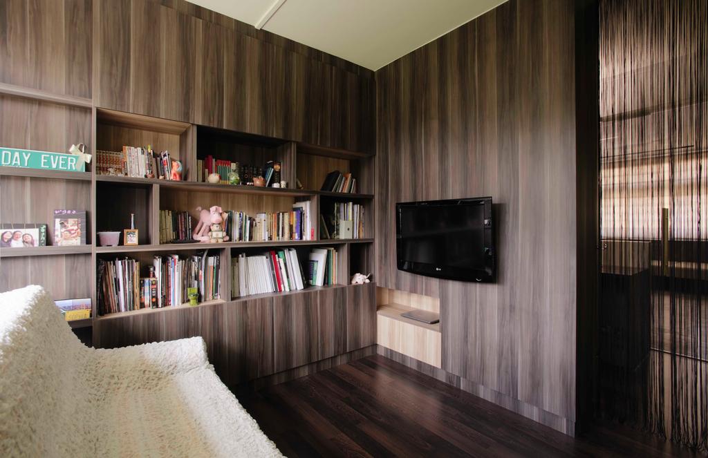 Eclectic, HDB, Study, Clarence Lane, Interior Designer, The Design Practice, Wood, Wood Laminate, Tv Console, Sofa, Parquet, Blinds, Partition, Wood Shelves, Bookcase, Furniture, Indoors, Interior Design