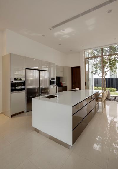 21 Jalan Mariam, Lim Ai Tiong (LATO) Architects, Modern, Kitchen, Landed, Indoors, Interior Design, Aisle, Dining Table, Furniture, Table