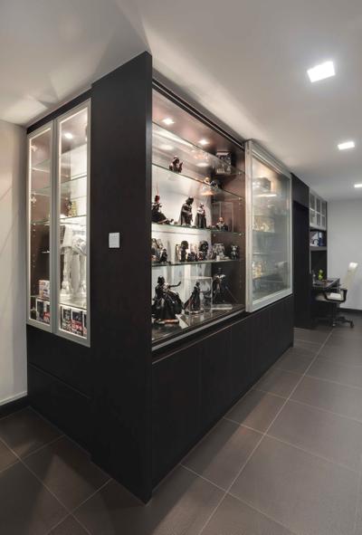 Hougang, The Design Practice, Contemporary, Living Room, HDB, Display Unit, Display, Storage, White Kitchen Cabinets, Glass Cabinet, Collectibles, Showcase, Tile, Tiles, Grey, Monochrome, Neutrals